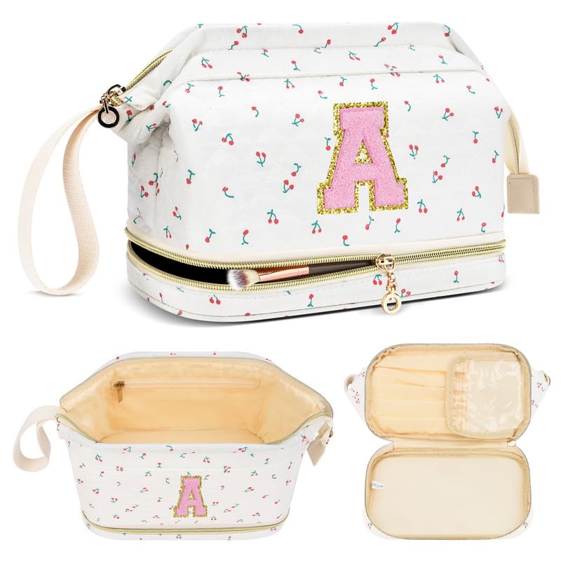 DTBG Personalized Initial Makeup Bag,Cherry Quilted Makeup bag Valentine's Day for Girls,Teen, Women, Double Layer Travel cosmetic Bag with Make up