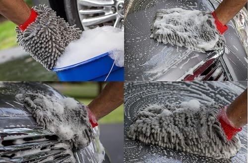 Image of Auto Hub Microfiber Car Cleaning Cloth and Wash Mitt Kit - Includes Ultra Soft 600 GSM Extra Large (60x40 CM) Microfiber Cloth for Car and Dual Sided Chenille Microfiber Wash Mitt 1700 GSM