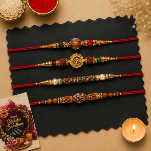Image of DIKANG Combo Pack of 4 Premium Rakhi Set for Brother and Bhabhi | Mauli Thread Rakhi with Roli Chawal Tilak Set & Greeting Card | Rakhis for Rakshabandhan with Tealight Candle (NR104)