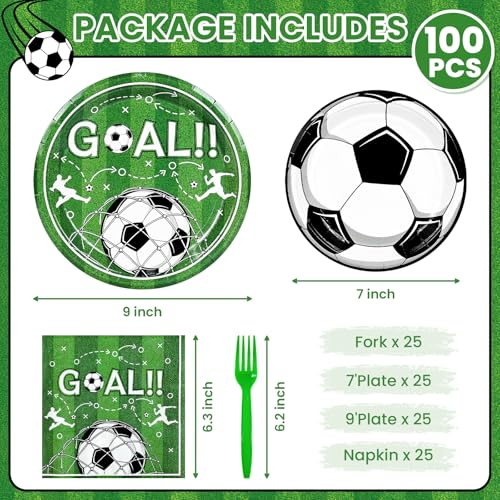 Image of 100 Pcs Soccer Paper Plates and Napkins Disposable for Party, 25-9 inch&25-7 inch