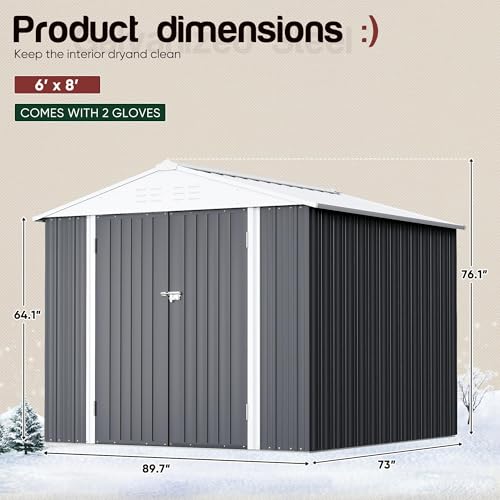Image of GUNJI 8 x 6 FT Shed Outdoor Storage Shed Metal Garden Shed with Lockable Door Outside Waterproof Tool Shed for Backyard, Patio, Lawn (Gray)