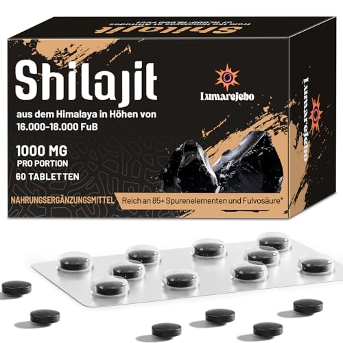 Shilajit Tabletas, 30.000 mg de Shilajit Puro del Himalaya en Dosis Altas, Rico en 60% de Ácido Fúlvico y Más de 85 Minerales, Extracto 10:1, Más Práctico que la Forma de Resina (60 Tabletas)