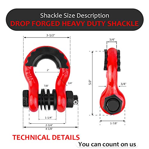 Ambull Shackles 3/4" D Ring Shackle (2 Pack) 45,000Lb Break Strength With 7/8" Pin, Anti Theft Security Screws, Isolator & Washer Kits For Use With Tow Strap Winch Truck Vehicle Recovery, Red #TOP2