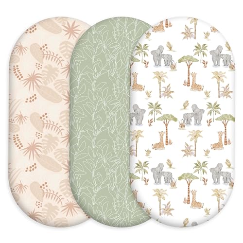 Image of Baby Bassinet Sheets for Boys & Girls, 3 Pack 32 inch x 16 inch Fitted Bassinet Mattress Sheets, Compatible with Halo Bassinet Swivel Sleeper, Oval Hourglass Rectangle Mattress, Brown Elephant