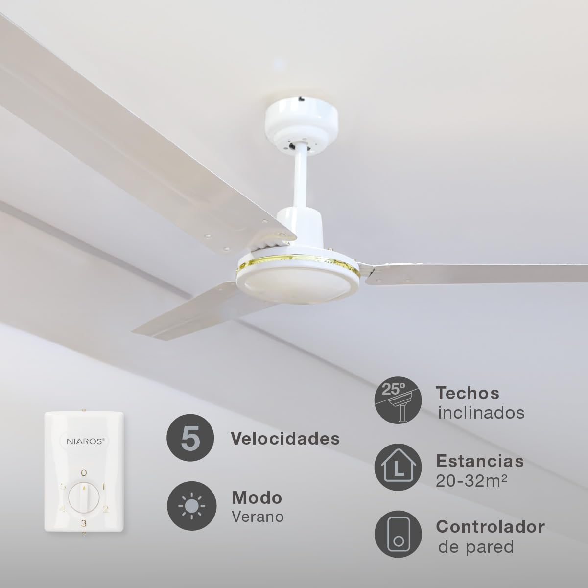 gsc evolution | Ventilador de techo Industrial | Motor AC | Ø142 cm | Ideal para techos industriales | Controlador instalado en pared | 5 velocidades | 220-240V