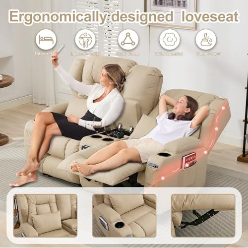 Image of SAMERY 65.5 inch Loveseat Recliner Sofa | Double Recliner Sofa & Console | Wall Hugger Loveseat Reclining RV Theater Seats | RV Couch Home Theater Seating Furniture (Fabric Beige)
