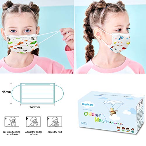 mystcare Kids Disposable Face Mask 50 Pack Ages 5-12 Filter 3-Layer Safety Face Masks for Kids Daily Use.All Metal Nose Clips(Multicolored)