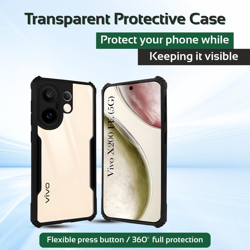 Image of AIBEX Compatible for Vivo X200 FE 5G Mobile Back Case Cover, Crystal-Clear Shockproof Bumper with Camera Guard | 360 Hybrid Protection (TPU+PC) | Anti-Yellow, Slim Transparent - Black