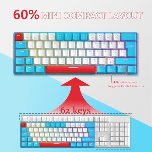 T60 UK Layout Przewodowa Klawiatura Do Gier, 60% Klawiatura Mechaniczna, Mini Compact Klawisze 62, 19 Rainbow LED Backlit Full Keys Anti-Ghosting Klawiatura do gier dla PC/Mac - Blue/Red Switch
