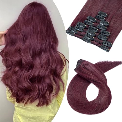 Image of Benehair Wine Red 10 Inch Real Human Hair Clip in Hair Extensions, 8pcs Double Weft, 18 Clips per Set, Straight, Modern Style