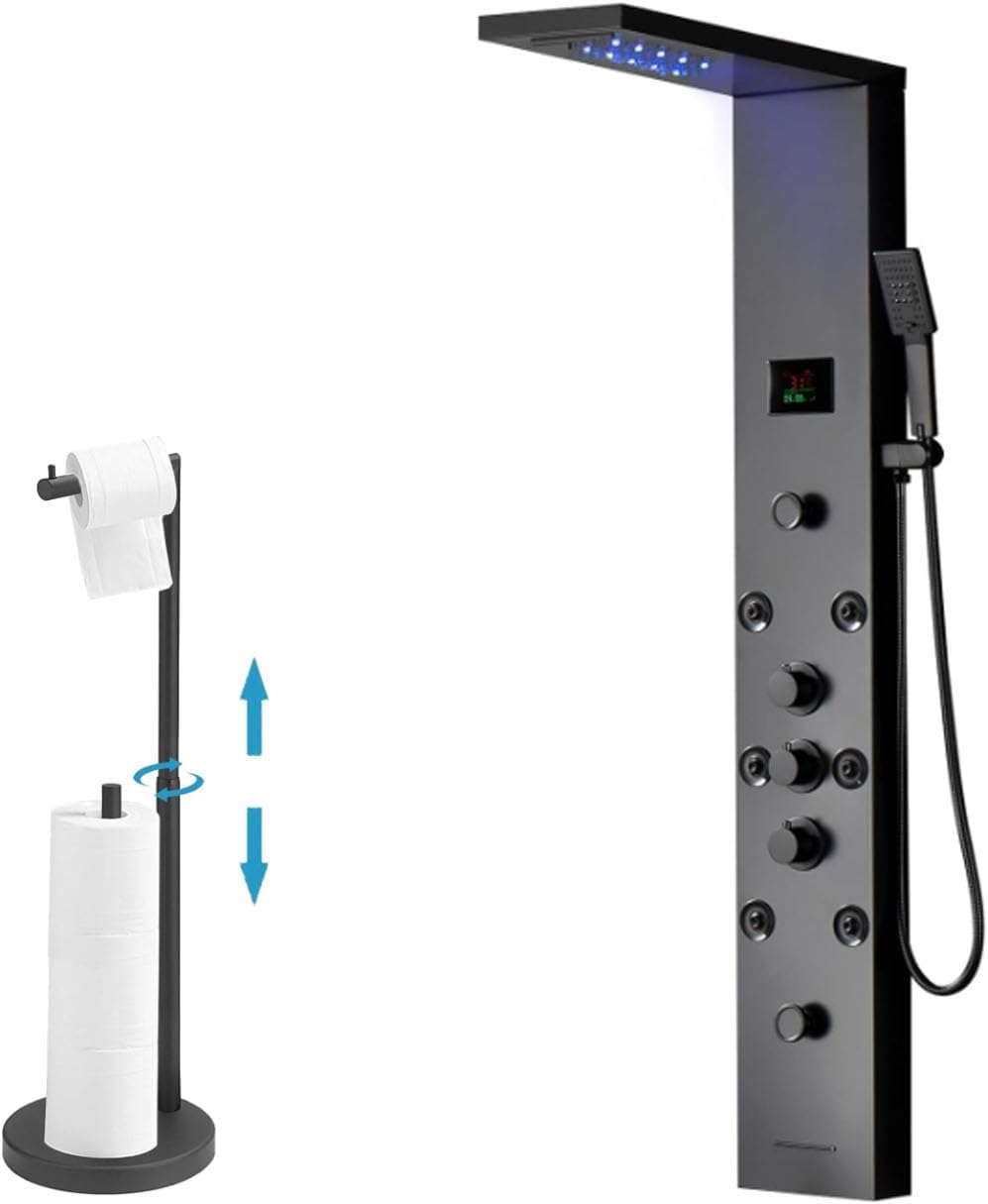 Black Shower Panel LED Light Temperature Display Bundle with Free Standing Toilet Paper Holder with Storage, 25.6“
