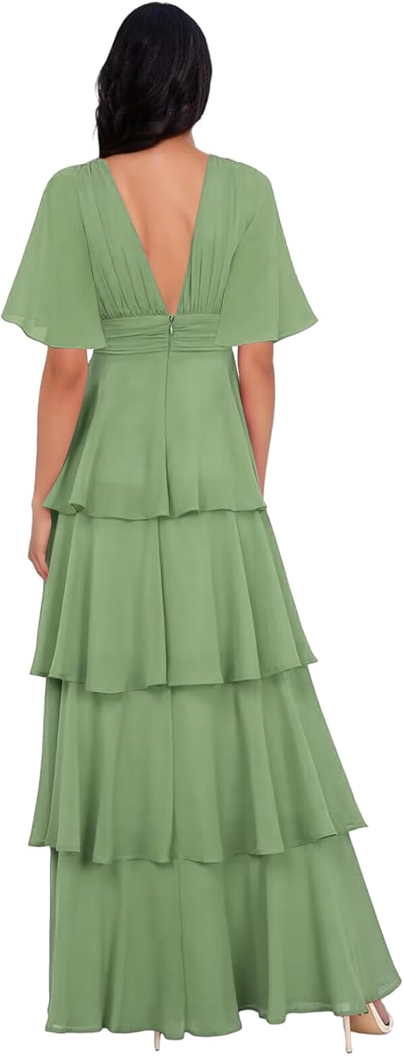 GATMAHE Ruffle Bridesmaid Dresses for Women Long Chiffon Tiered Flutter Sleeves A Line Formal Evening Dress - Image 3
