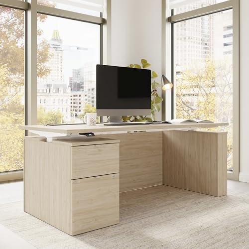 Image of Bush Business Furniture 72-inch Electric Height Adjustable Standing Desk with File Cabinet, Ergonomic Sit-Stand Computer Table for Office, Stratus Collection, Natural Elm with White Base