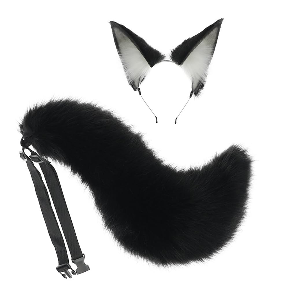 TTYAO REII Black Cat Wolf Fox Ears and Tail Set Faux Fur Animal Ears Headband with Tail for Cosplay Costume Accessories
