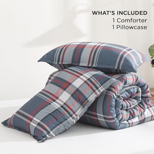 Image of Andency Navy Red Plaid Comforter Set Twin(66x90 Inch), 2 Pieces Grid Gingham Stripes Bedding Comforter Sets for Boys Girls Kids Teens, Preppy Geometric Line Soft Lightweight Reversible Bed Set as Gift