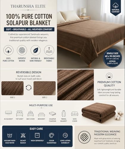 Image of THARUNSHA ELITE 100% Natural Pure Cotton All Weather Blanket /Solapur Bedsheet /Top Sheet /AC Comforter Elegant Design- Single Size 60 inches x 90 inches (Biscuit)
