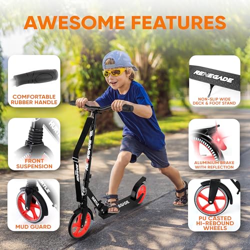 Image of Hurtle Scooter for Kids Ages 8+, Adult Scooter Foldable w / 200mm Big Wheels, 2 Wheel Stunt Scooters for Teenagers, Lightweight Kick Scooter, Adjustable Handlebar, Alloy Anti Slip Deck w /Carrying Strap