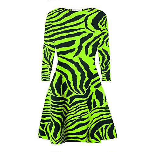janisramone Womens Ladies New Animal Zebra Print Long Sleeve Flared Skater Swing Dress Stretchy Mini Top Neon Green