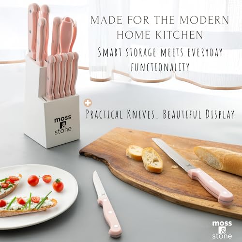 Image of Moss & Stone Pink 14 Pcs Kitchen Knife Set with Block, Stainless Steel