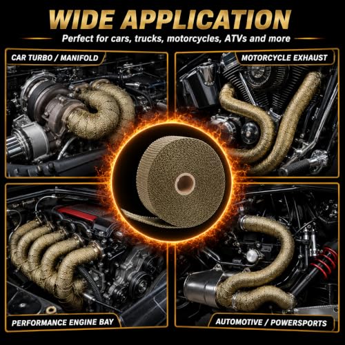 Image of 2 inch x 16 Ft Titanium Exhaust Heat Wrap Kit for Motorcycle Car - Fiberglass Header Wrap Heat Shield Tape with 6 Stainless Steel Ties & 2 Adjustable Clamps - Reduces Under-Hood Heat (50mm x 5m)
