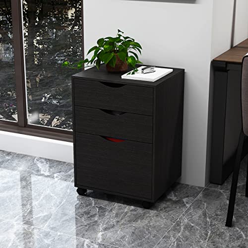 Woodworth 3 Drawers Storage Cabinet, Wooden Mobile Filing Cabinet For Mini Printer Stand, With Lockable Casters, For Home Office (3-Drawers, Black) #TOP3