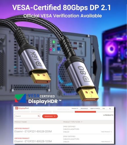 ‍Etseinri 80Gbps Kabel DisplayPort 2.1 3M, [Certyfikat VESA] Kabel DisplayPort 2.1 16K@30Hz 8K@240Hz 4K@540Hz 360Hz 240Hz HDR HDCP2.3 FreeSync G-Sync do Monitorów Gier, Kart Graficznych RTX 5090