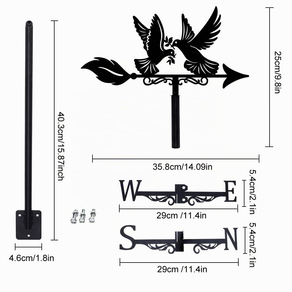 SUPERDANT Girouette de Jardin Exterieur Colombe de la Paix pour Toit Girouette Animale en Métal Girouettes Pigeon pour Cabanes Indicateur de Direction du Vent Noir Deco Exterieur pour Ferme