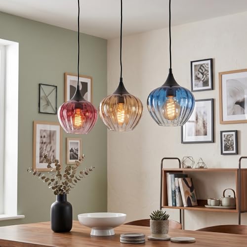 Suspension vintage E27 Ballebro à 3 lampes en verre coloré et métal noir ajustable Hofstein
