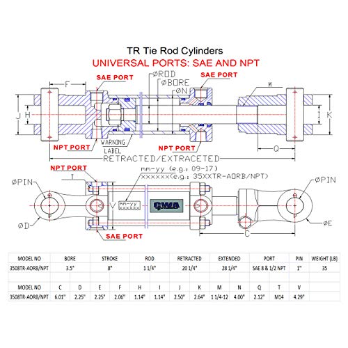 Image of TR Tie Rod Cylinder 3 1 /2 inch Bore x 8 inch Stroke x 1 1 /4 inch Rod x 2500 PSI, ASAE - Port: SAE 8 and 1 /2 NPT