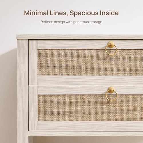 Image of SICOTAS Boho Rattan Nightstand Set of 2, 26.7 inch Extra Wide Bedside Table with 2 Drawers & Open Shelf, White Oak Large Side Table for King Size Bed, Modern Coastal End Table for Master Bedroom