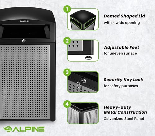 Image of Alpine 40-Gallon Outdoor Commercial Trash Can with Locking Lid - Heavy-Duty Weather-Resistant Metal Garbage Bin with Removable Liner for Parks, Restaurants & Public Spaces