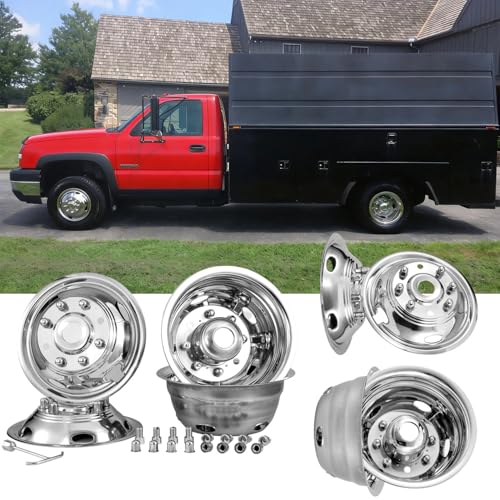 Image of 4X 17 Polished Stainless Steel Dually Wheel Simulators,Bolt-On Wheel Covers with Center Caps, 8 Lug Hubcaps Fit for 2011-2025 Chevy Silverado 3500 / GMC Sierra 3500 HD Dual Wheel Trucks C17C8