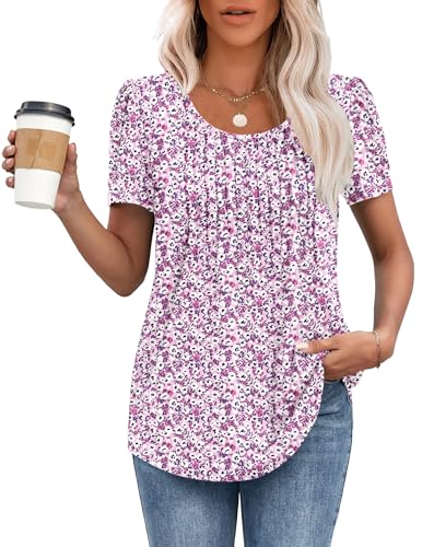MOLERANI Camisetas para Mujer Tops de Manga Corta Camiseta Suave con Cuello Redondo Tops de Verano Casual Sueltos Jardín Rosa y Morado 2XL