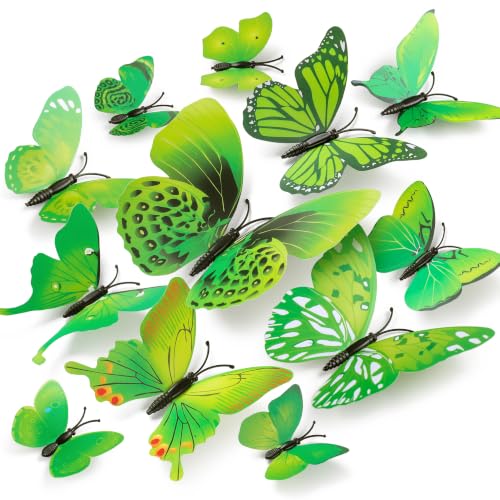 Amaonm 60 Pcs 3D Butterfly Wall Decals Removable DIY Butterfly Art Stickers Multi‑Size Butterflies Decor for Kids Bedroom Nursery TV Background Living Room Home Wall Decoration (Green)