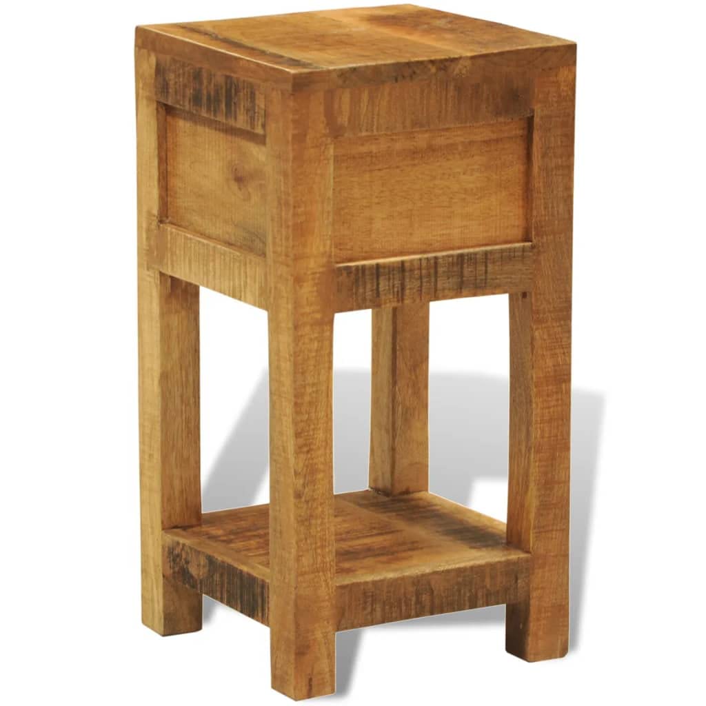 Beistelltisch aus massivem Mangoholz mit Schublade und unterer Ablage, ideal als Nachttisch oder neben der Couch für Schlüssel, Notizblöcke und Dekoartikel.