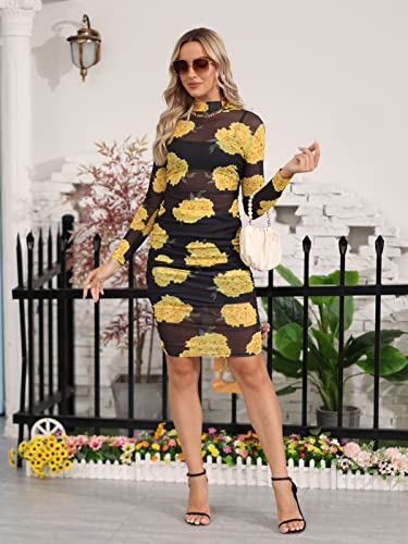 Image of Rodawu Women's Sexy See-Through 3-Piece Set Midi Dress Outfits | Printed,Long Sleeve,Sheer Mesh,Crop Tank Top,Bodycon Skirt,Ruched Cover,Soft,Lightweight,Breathable,Skin Friendly Fabric