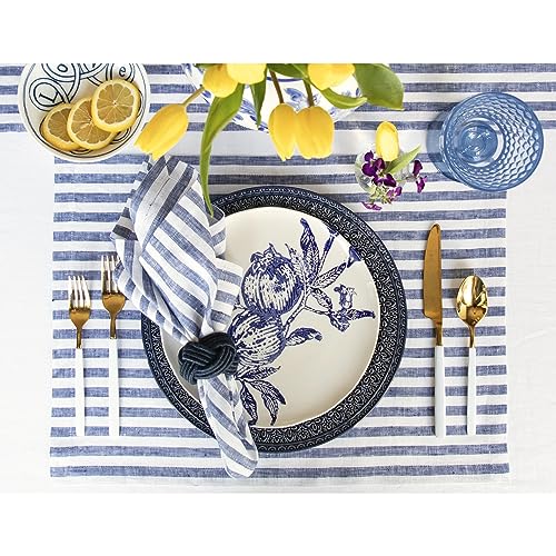 Image of Solino Home 100% Linen Placemats, 14 x 19 in, Navy, Amalfi Stripe, Set of 4