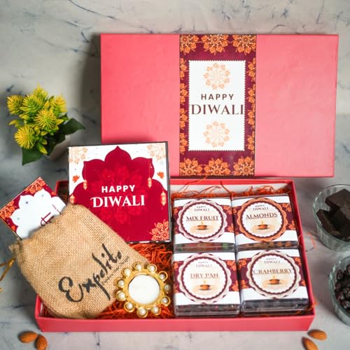 Image of Expelite Special Diwali Dry Fruits Gift Box | 50g Almonds, Cranberry, Dry Pan, 50g Mix Fruit, Jute Potli, Chocolates Bar, Pearl Diya and 4 Pcs Chocolate Box |Diwali Chocolates Hamper in 700