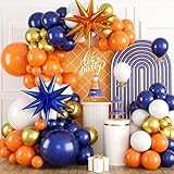 Orange and Blue Balloon Arch Kit, 120 Pcs Navy Royal Dark Blue Gold Orange Balloons Garland Kit with 4D Star Chrome Latex Balloons for Graduation Class of 2026 Thanksgiving Party Decorations