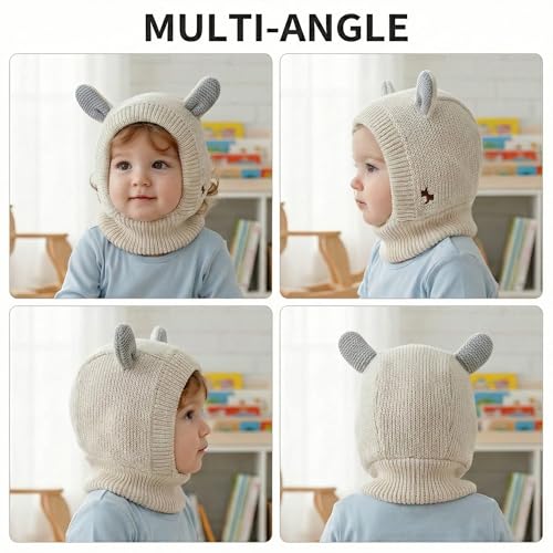 Image of Kraptick Winter Warm Ear Protection Knitted Woolen Unisex Baby Cap with Cute Animal Ears, Soft Fleece Lined Knit Hat with Ear Flaps, Stretchable Monkey Cap for Cold Weather -1