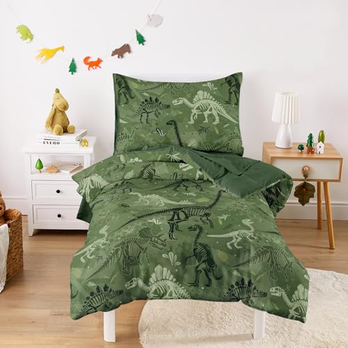 Wake In Cloud - Dinosaur Toddler Bedding Set for Boys Colorful Dino Prehistoric Fossil 4 Pieces Soft Crib Bed Set Including Comforter Sheets and Pillowcase Army Green