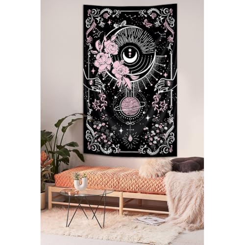 Pink Black Gothic Tapestry Goth Wiccan Witch Moon Tarot Wall Decor 30Wx50H