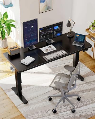 Image of HUANUO 59x30 Inch 3-Stage Legs Electric Standing Desk, Large Height Adjustable Office Desk with Brushless Motor, Stand Up Desk with 4 Memory Presets & 2 Hooks, Computer Desk for Home Office, Black