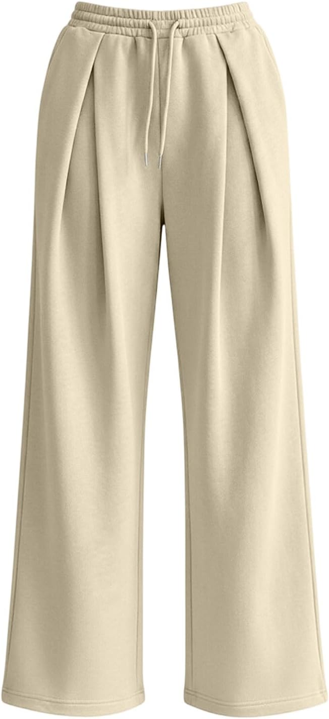Women Wide Leg Sweatpants Loose Fit High Waist Pleated Workout Pants | Casual Drawstring Elastic Waist Sweat Pant with Pockets Baggy Athletic Lounge Travel Pants