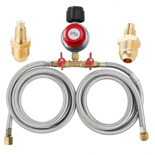 MCAMPAS 0-20 Psi Adjustable Propane Regulator with Hose. 8 Feet Y Splitter Double Braided Hose with 1/8' MNPT Pipe Fitting for Double Propane Outdoor Burner, Turkey Fryer, Cooker