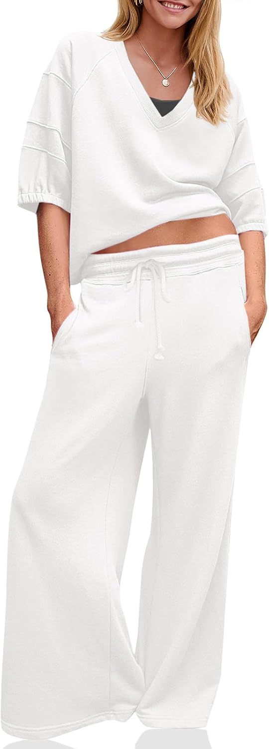 Fisoew Womens 2 Piece Outfits Casual V Neck Shirts Wide Leg Running Long Pants Loose Workout Tracksuit Sets