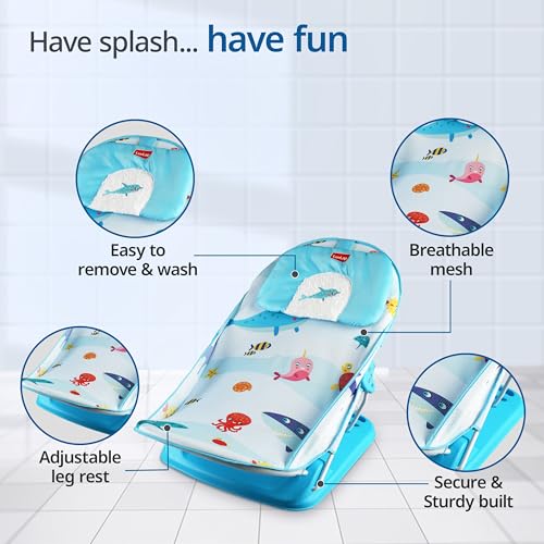 Image of LuvLap Aqua Tales Baby Bather for Baby 0-6 Months, New Born Baby Bath Chair, 3 Position Adjustable, Washable Soft Mesh, Large Seat (Multicolor)