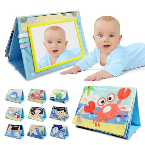 Image of Baby Toys 0-6 Months, Tummy Time Mirror for Infant 0-3-6-12 Months Old, Newborn Sensory Gifts for Brain Montessori Development, Boys & Girls Toy, High Contrast Activity Crinkle Book w Safe Mirror