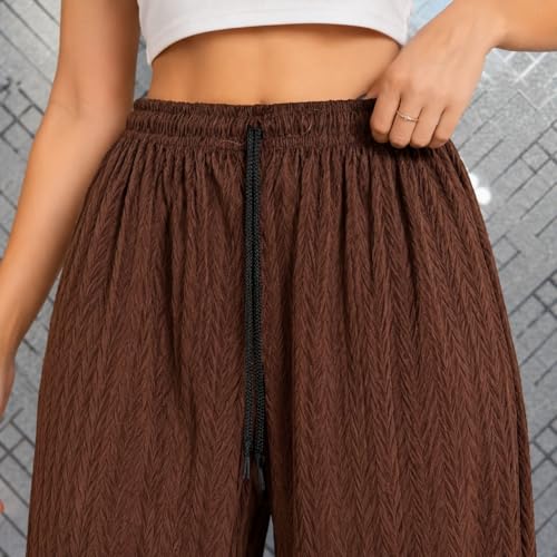 Image of Women's Textured Wide Leg Pants, Brown, Elastic Waist with Drawstring, Casual Style