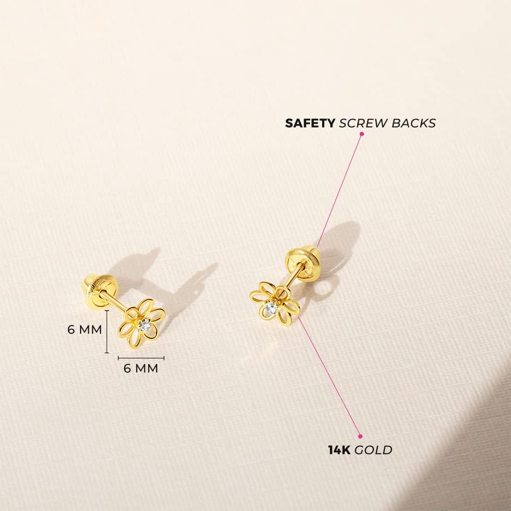 In Season Jewelry 14k Yellow Gold CZ Flower Kids Earrings - Earrings for Girls with Safety Screw Back Locking - Safe & Comfortable for Toddlers, Kids & Little Girls - Image 4